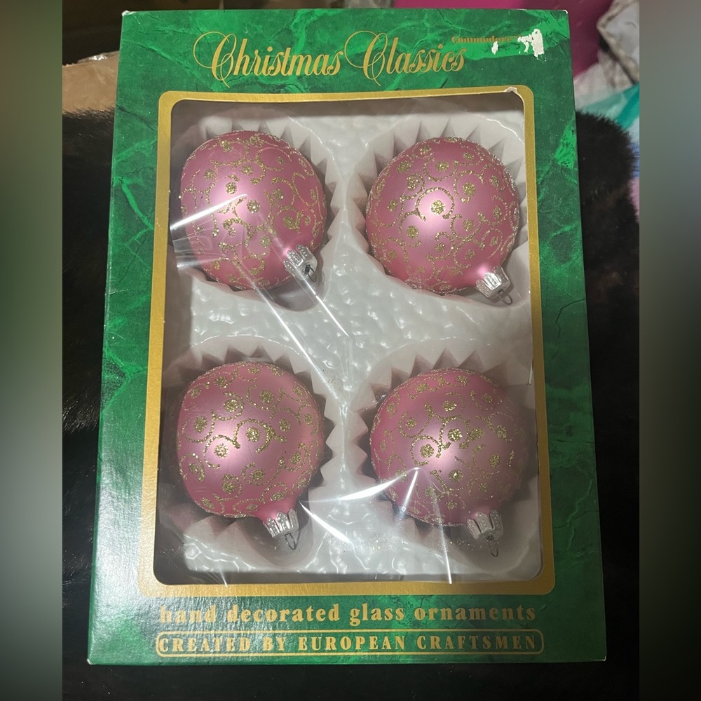 Vintage  Christmas classics hand decorated Gold Glitter Glass Ornaments-Pink